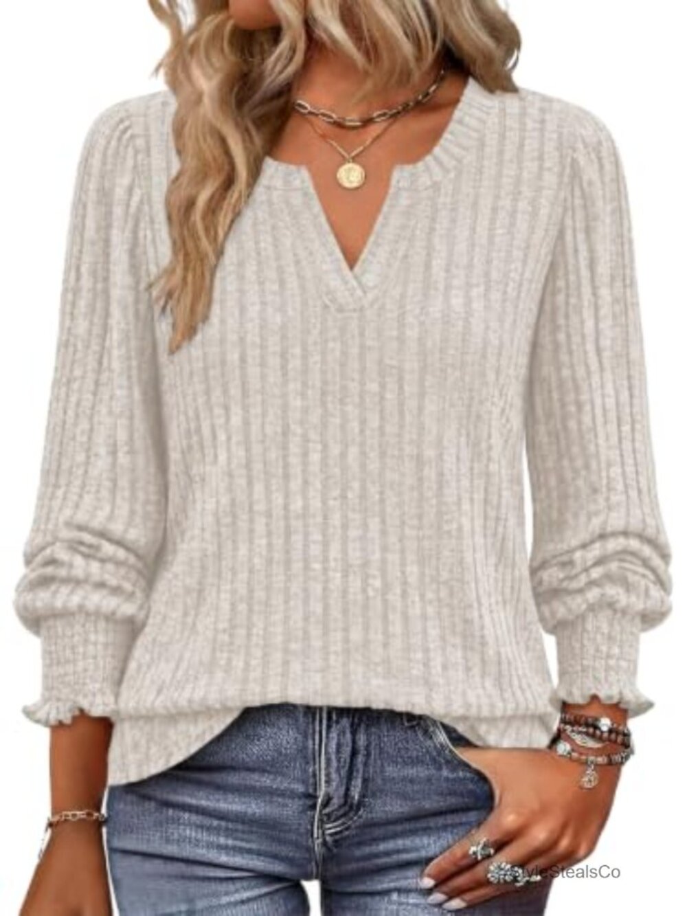 Lylinan Womens Sweater V Neck Long Sleeve Ribbed Knit Pullover Top